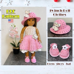 18 inch Doll Clothes Pattern, AG clothes, Crochet doll shoes, Crochet doll hat, Crochet dolls dress, AG doll outfits pattern