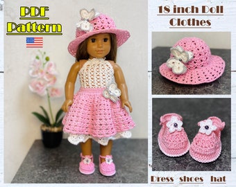 18 inch Doll Clothes Pattern, AG clothes, Crochet doll shoes, Crochet doll hat, Crochet dolls dress, AG doll outfits pattern