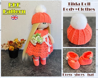 Doll Crochet Pattern, Tilda interior doll, Tutorial on making doll, 12 inch doll, doll base, crochet tutorial includ dress, hat and shoes.