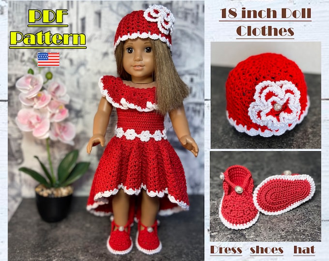 18" Doll Red Dress Crochet Pattern, 18" Doll Valentine Clothes, Crochet ...