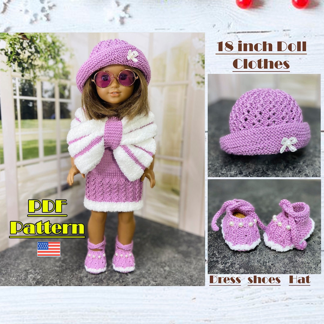 Knitted Outfit for AG, 18 Inch Doll Clothes Pattern, Doll Shoes