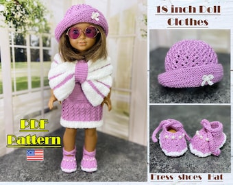 Knitted outfit for AG, 18 inch Doll Clothes Pattern, Doll shoes, Knitted hat, Knitted dress, AG doll outfits, knit dolls clothes