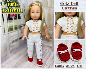 May include: A white crochet doll outfit with a crop top, pants, and shoes. The outfit is for a Gotz doll. The image includes the text "Gotz Doll Clothes" and "PDF Pattern".
