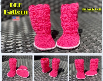 May include: A pair of bright pink, crocheted doll boots with white trim. The boots are designed for an 18-inch doll. The image also includes the text "PDF Pattern" and a small American flag.