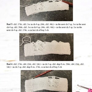Op de afbeelding: Haakinstructies voor een wit gehaakt hoofdband. De instructies omvatten het aantal steken en het type steek dat moet worden gebruikt. De afbeelding toont het haakwerk in uitvoering.