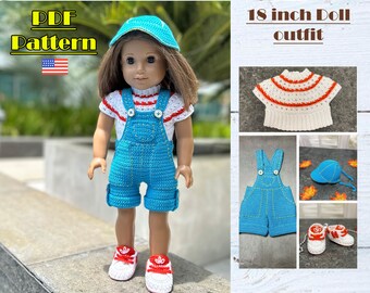May include: PDF pattern for an 18 inch doll outfit. The outfit includes a blue and white striped shirt, blue overalls, a blue hat, and red and white sneakers. The pattern is available for download.