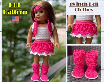18 inch poppenkleertjes, outfit voor poppen, 18 inch pop haakpatroon, gehaakte poppenkleding, top, rok, bolero, hoofdband, schoenen