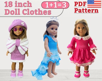 Knitted 3 Patterns Bundle, 18 inch Doll Clothes, 18 inch Doll clothes, knitted pattern for 18 inch doll, Buy 2 Get 1 Free