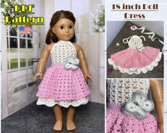 Patrón de crochet de vestido de muñeca de 18 pulgadas, vestido de muñeca de ganchillo, trajes de muñeca de 18 pulgadas, vestido AG, vestido de muñeca Ag, tutorial de crochet, vestido halter