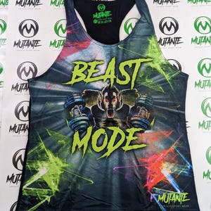 May include: Black tank top with a green and red graphic print of a wolf lifting weights. The text "BEAST MODE" is printed in green on the front of the tank top.