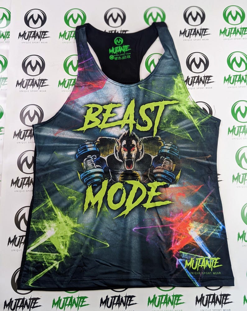 May include: Black tank top with a green and red graphic print of a wolf lifting weights. The text "BEAST MODE" is printed in green on the front of the tank top.