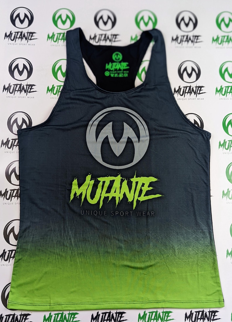 May include: A black and green tank top with a white circle logo and the text "MUTANTE UNIQUE SPORT WEAR" in green. The tank top has a gradient design that fades from black to green.
