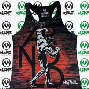 May include: Black tank top with a red and black graphic print of a muscular figure lifting weights. The text "ARB" is printed in white on the front of the tank top. The text "MUTANTE UNIQUE SPORT WEAR" is printed on the back of the tank top.