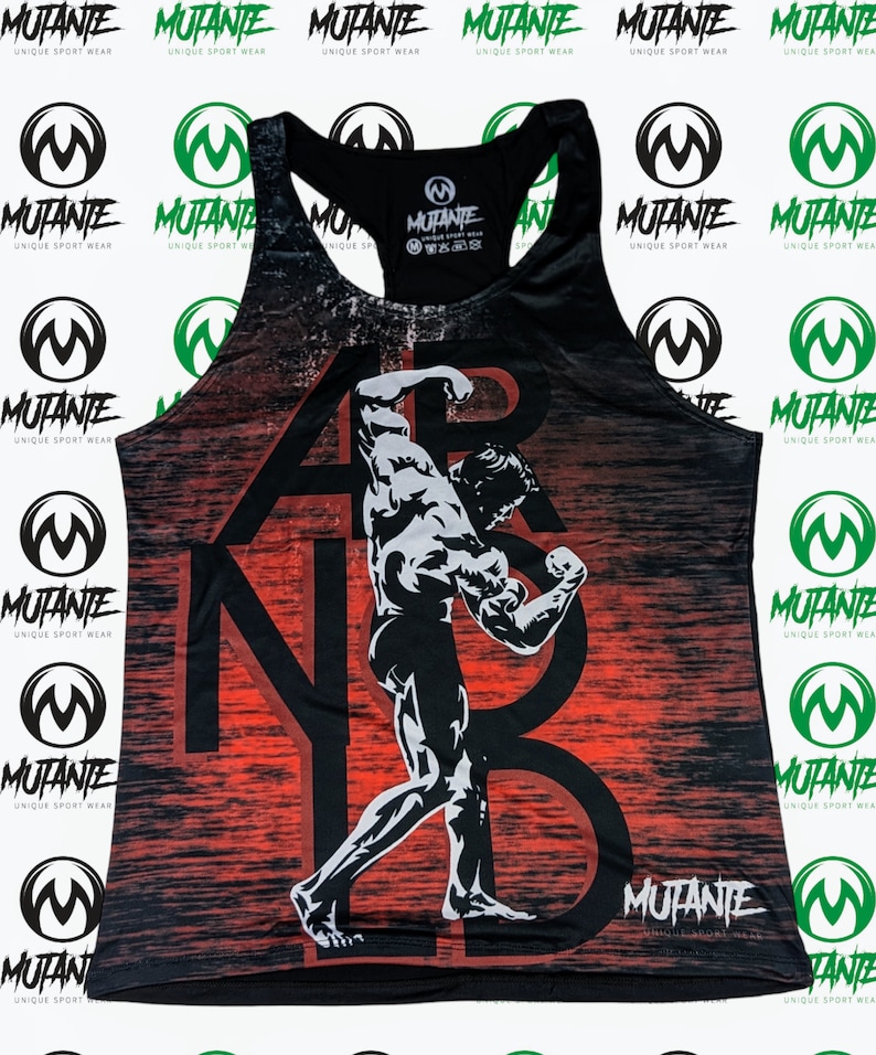 May include: Black tank top with a red and black graphic print of a muscular figure lifting weights. The text "ARB" is printed in white on the front of the tank top. The text "MUTANTE UNIQUE SPORT WEAR" is printed on the back of the tank top.
