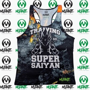 May include: Black tank top with a graphic print of a cartoon character with spiky hair and the text "Training to go Super Saiyan".