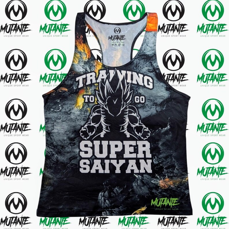 May include: Black tank top with a graphic print of a cartoon character with spiky hair and the text "Training to go Super Saiyan".