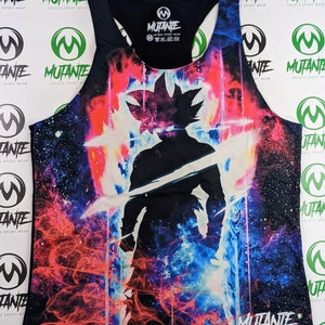 May include: Black tank top with a colorful galaxy print featuring a silhouette of a character with spiky hair. The text "MUTANTE UNIQUE SPORT WEAR" is printed on the bottom of the tank top.