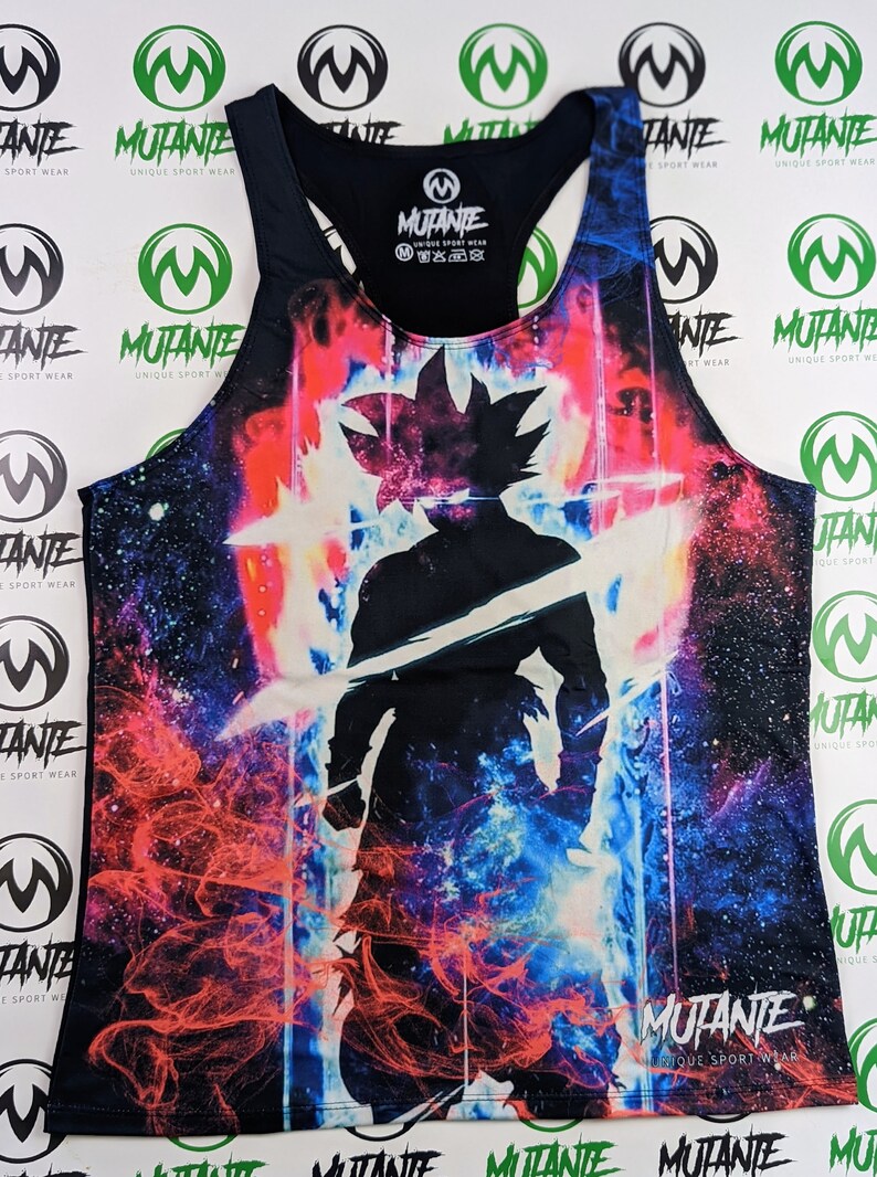 May include: Black tank top with a colorful galaxy print featuring a silhouette of a character with spiky hair. The text "MUTANTE UNIQUE SPORT WEAR" is printed on the bottom of the tank top.
