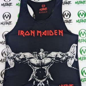 May include: Black tank top with a white graphic of a muscular figure lifting weights. The text "IRON MAIDEN" is printed in red above the graphic. The brand name "MUTANTE UNIQUE SPORT WEAR" is printed in white on the bottom right corner of the tank top.