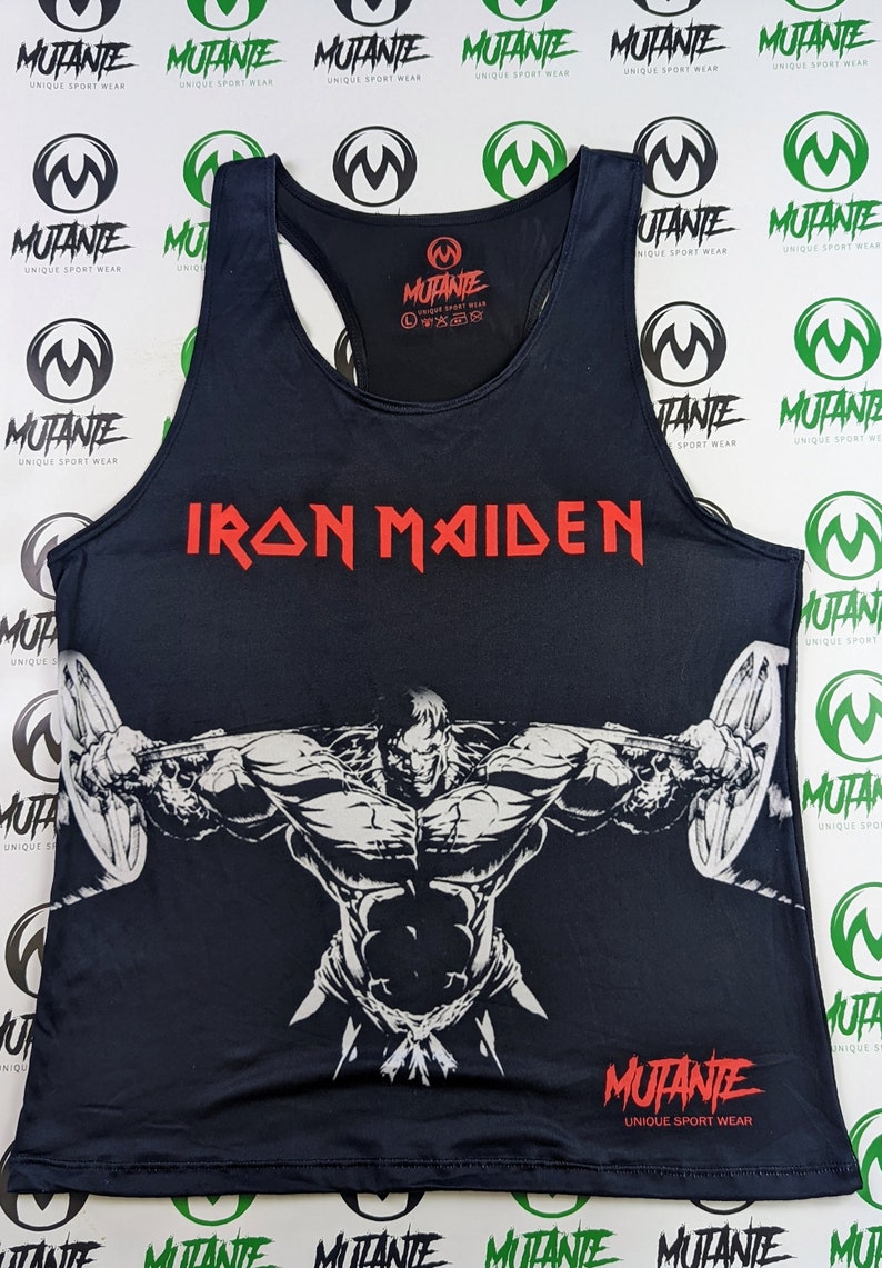 May include: Black tank top with a white graphic of a muscular figure lifting weights. The text "IRON MAIDEN" is printed in red above the graphic. The brand name "MUTANTE UNIQUE SPORT WEAR" is printed in white on the bottom right corner of the tank top.