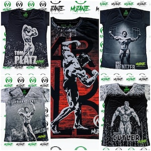 May include: Four black v-neck t-shirts with different bodybuilding themed designs. The shirts feature images of Tom Platz, Arnold Schwarzenegger, Mike Mentzer, and Jay Cutler. Each shirt has the word "MUTANTE" printed on it.