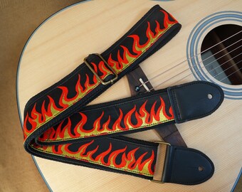 Fire Woven Strap Guitar Handmade Cotton Linen Strap with Leather Ends Personalized Guitar Strap Gift For Acoustic Electric Bass