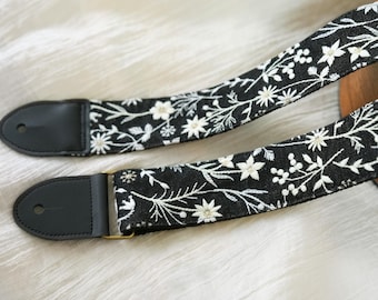Embroidered Guitar Strap French Floral Acoustic Guitar Strap Handmade Cotton Linen Strap with Leather Ends Universal Guitar Strap