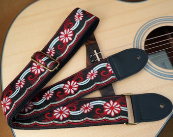 Correa de guitarra tejida multicolor, hecha a mano, de algodón y lino, con extremos de cuero, personalizada con nombre, regalo de cumpleaños.