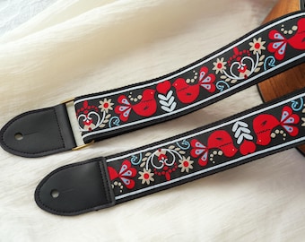 Multicolored Woven Strap Guitar Handmade Cotton Linen Strap with Leather Ends Personalized Birthday Guitar Strap Gift