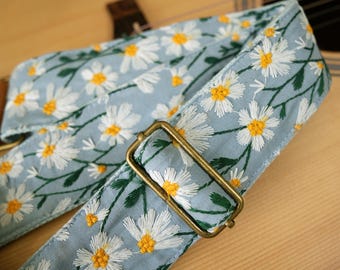 Correa de guitarra bordada con margaritas, estilo vintage francés, para guitarra acústica. Correa de algodón y lino con extremos de cuero. Correa universal para guitarra.