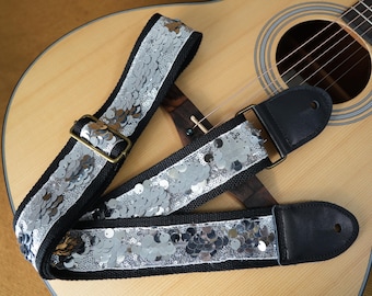 Silver Sequin Guitar Strap Cotton Linen Strap with Leather Ends Customized With Name Black Base Color Electric Acoustic Bass Strap