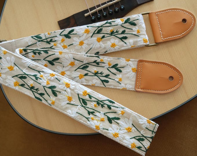 Vintage French Acoustic Guitar Strap Daisy Embroidered Guitar Strap Handmade Cotton Linen Strap with Leather Ends Universal Guitar Strap