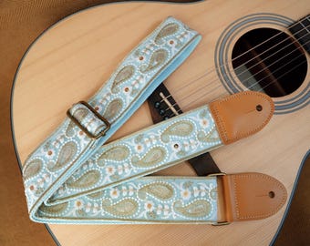 Light Blue With Thread and Sequin Embroidery Guitar Strap Cotton Linen Strap with Leather Ends Exquisite Electric Acoustic Bass Strap