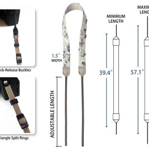 May include: Camera strap with a floral pattern on a white background. The strap is 1.5 inches wide and has an adjustable length from 39.4 inches to 57.1 inches. Features include quick-release buckles and triangle split rings.