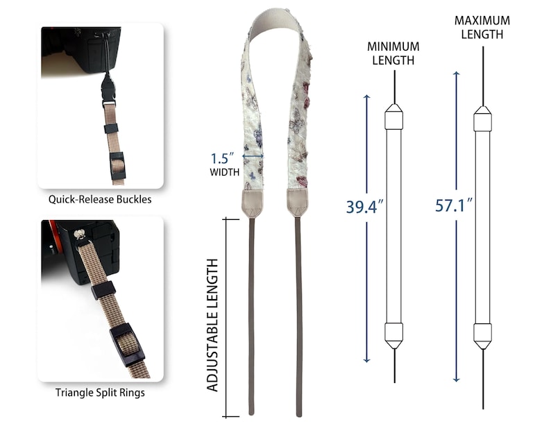 May include: Camera strap with a floral pattern on a white background. The strap is 1.5 inches wide and has an adjustable length from 39.4 inches to 57.1 inches. Features include quick-release buckles and triangle split rings.