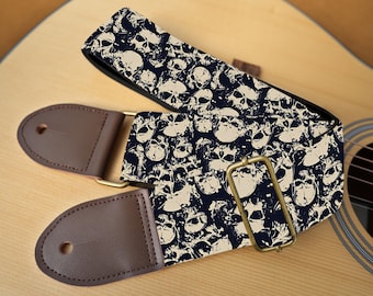 Gothic Skull Guitar Strap Handmade Cotton Linen Strap with Leather Ends Personalized Velvet Guitar Strap Cool Rocker Gift for Guitar Players