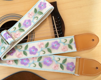 White Base With Vibrant Embroidered Florals Guitar Strap Cotton Linen Strap with Leather Ends Universal Guitar Strap In Fresh, Clean Tones