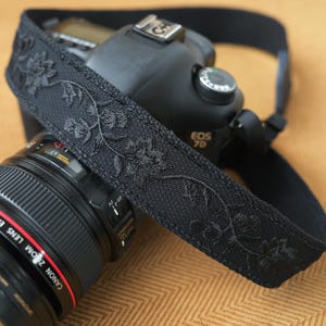 All Black Floral Embroidered Camera Strap with Black Base Handmade Cotton Linen with Leather Ends Comfortable DSLR & Mirrorless Camera Strap