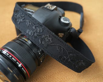 All Black Floral Embroidered Camera Strap with Black Base Camera Neck Strap with Leather Ends DSLR & Mirrorless Camera Strap Wrist Strap