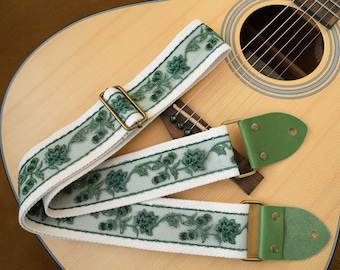 Green Embroidered Guitar Strap Floral Acoustic Guitar Strap Handmade Cotton Linen Strap with Leather Ends Universal Guitar Strap