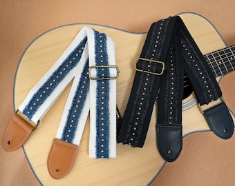 Denim-Style Guitar Strap with Metal Stud Accents Black & White Background Acoustic Guitar Strap Cotton Linen Strap with Leather Ends