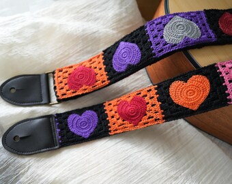 Crocheted Fabric Strap Guitar Multicolored Guitar Strap Handmade Cotton Linen Strap with Leather Ends Guitar Gift For Her One Of A Kind