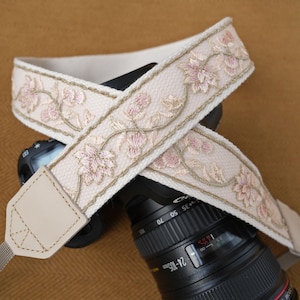 Pink Blossom Embroidered Lace Camera Strap Wrist Strap SET Adjustable for DSLR/Mirrorless Genuine Leather Tips Camera Gift