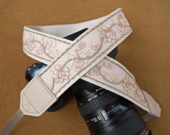 Correa de cámara ajustable de encaje bordado con flores rosas para DSLR/sin espejo, puntas de cuero genuino, regalo para cámara, accesorio de fotografía