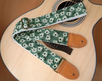 Correa para guitarra acústica Little Daisy, hecha a mano, de algodón y lino con extremos de cuero, universal, regalo personalizado.