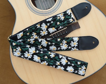 Daisy Embroidered Guitar Strap Vintage French Acoustic Guitar Strap Handmade Cotton Linen Strap with Leather Ends Universal Guitar Strap