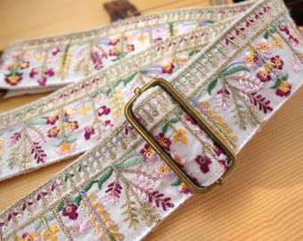 Pink Floral Embroidered Guitar Strap with Sequins Personalized Handmade Guitar Strap Cotton Linen Strap with Leather Ends Bass Strap