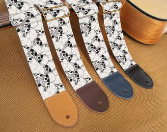 Punk Skull Guitar Strap Personalized Adjustable Strap Handmade Cotton Linen Strap with Leather Ends Cool Rocker Gift for Guitar Players