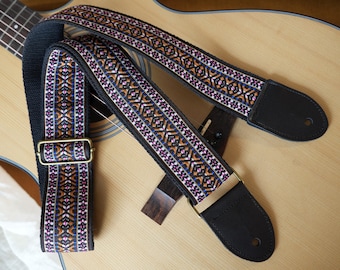 Correa de guitarra clásica tejida multicolor, hecha a mano, de algodón y lino, con extremos de cuero, regalo personalizado para cumpleaños.