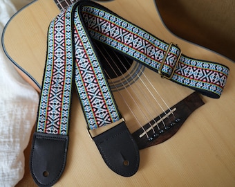 Correa de guitarra clásica tejida multicolor, hecha a mano, de algodón y lino, con extremos de cuero, regalo personalizado para cumpleaños.